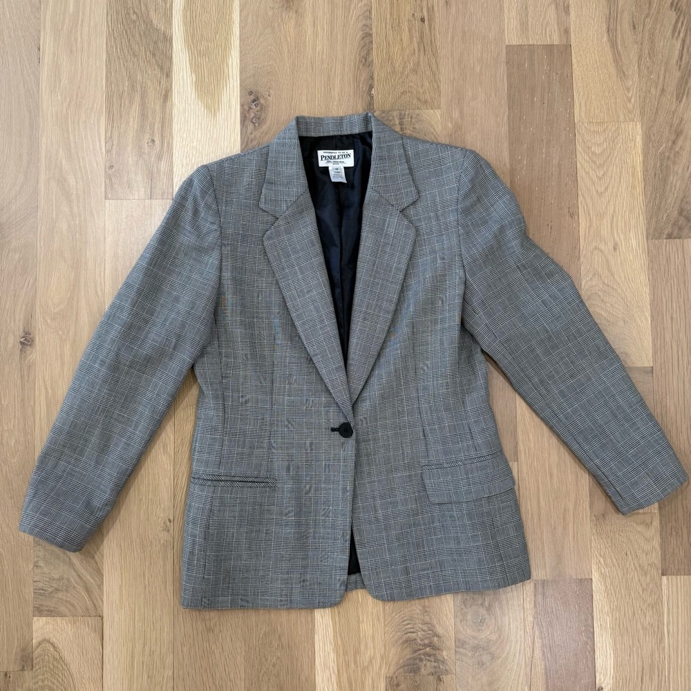 Vintage Business Casual Pendleton Grey Houndstooth Plaid Wool Blazer Size 10